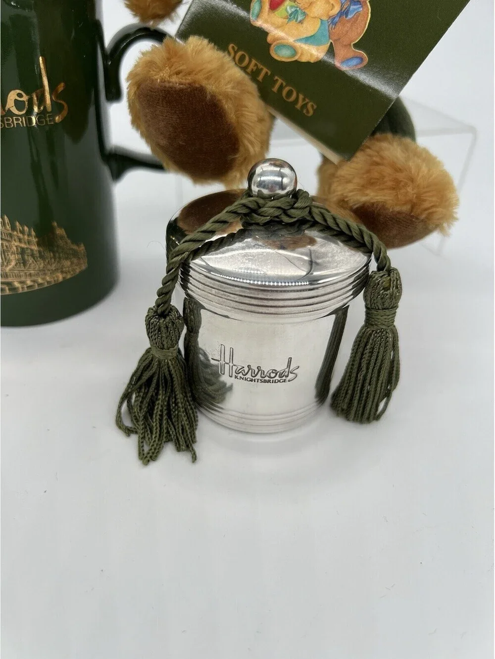 Vintage Lot Of 3 Harrods Souvenirs Teddy Bear, Mug, Silver Candle London England